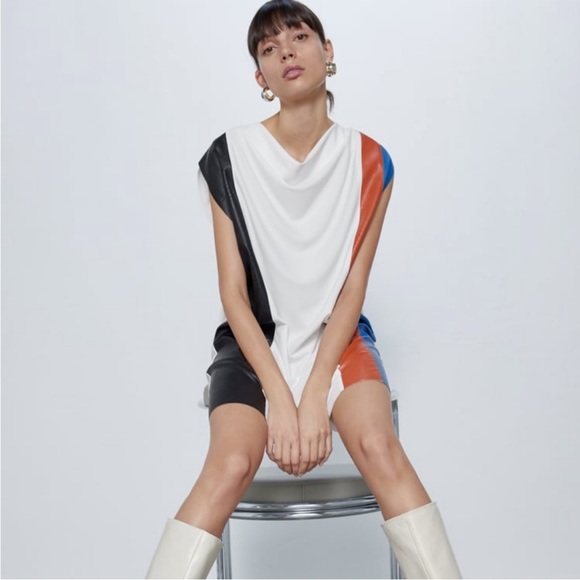 ZARA Color Block Knee-length Cowl Neck Dress White Ecru Black Blue Sleev… - Picture 3 of 16